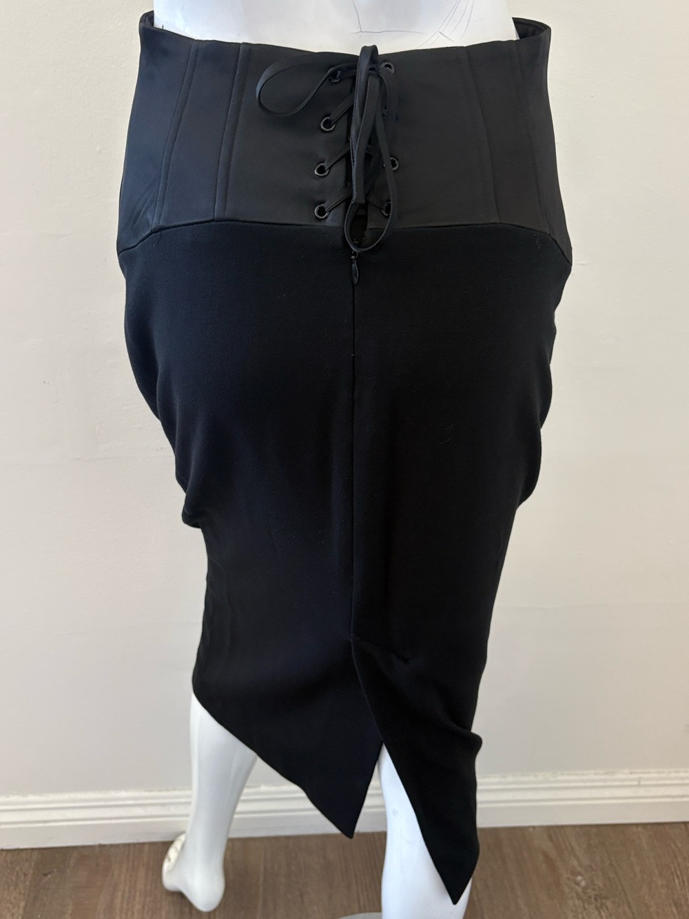 Vintage Bebe Made in USA 90s Y2K Black High-Waist Pencil Skirt w Lace-up Back